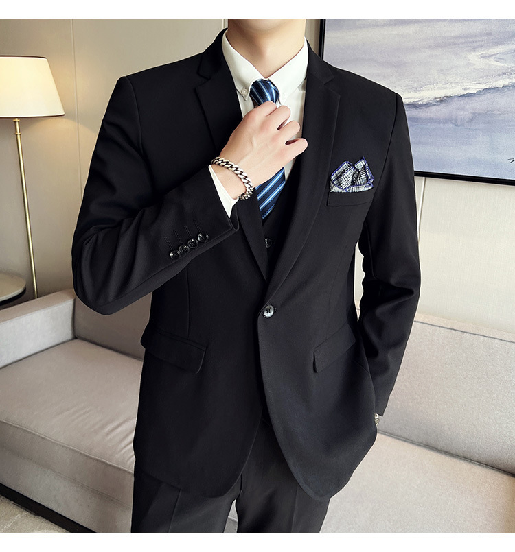 Bộ com-lê nam ba mảnh dáng ôm, áo vest một hàng khuy phong cách công sở — Màu xám (áo một nút + áo vest + quần), Màu xanh (áo một nút + áo vest + quần), Màu đen (áo một nút + áo vest + quần), Màu xanh navy (áo một nút + vest + quần)