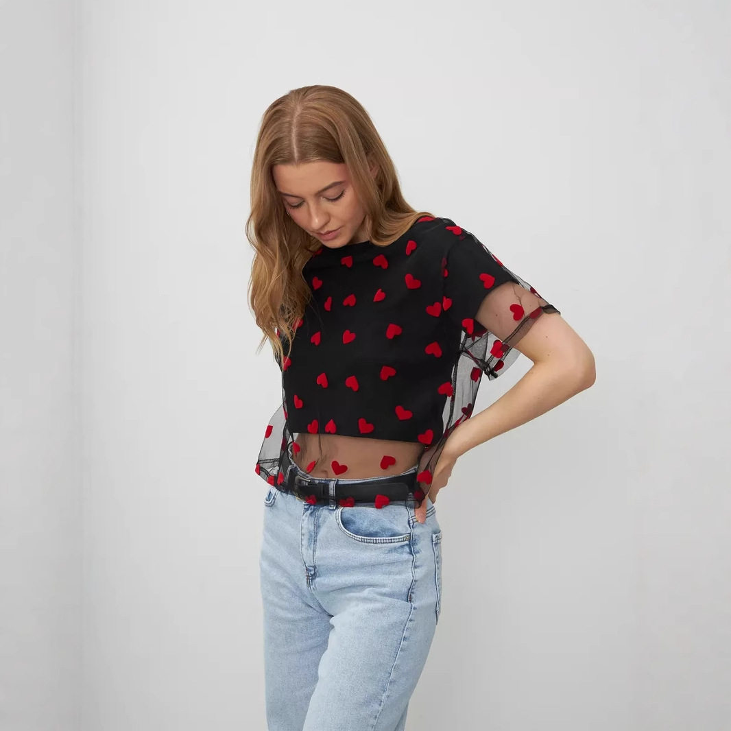 Color Block Heart Mesh Panel T Shirt for Women Short Sleeve Y2K Style Cotton Fabric Summer Casual Wear Wholesale