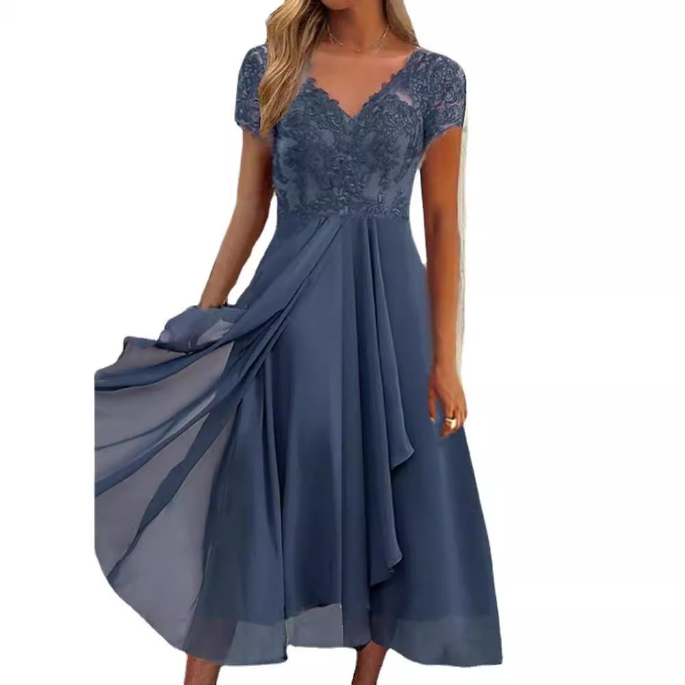 Chiffon Lace Long Dress for Women V Neck Elegant Evening Gown Available in Blue and Green Wholesale with Low MOQ