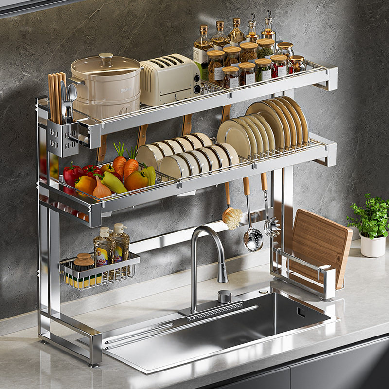 Kitchen Multi-Layer Storage Rack, Sink Dish Drying Rack, Kitchen Utensil Knife Holder, Multifunctional Storage, Thickened Square Tube Wholesale