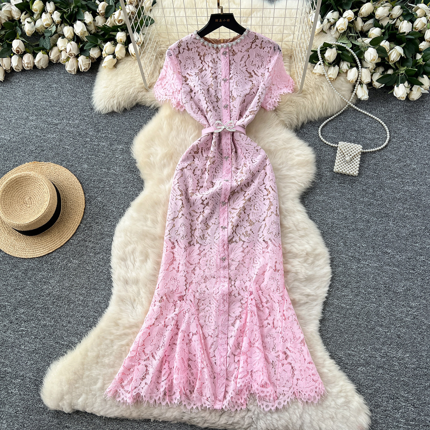 Luxury Lace Dress Rhinestone Embellished Short Sleeve Fishtail Design Elegant Evening Gown for Special Occasions