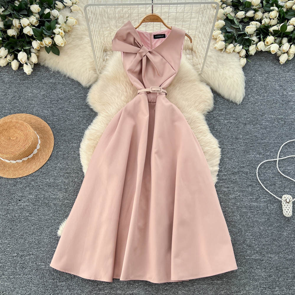 Elegant Womens Dress French Style 3D Bow V Neck Sleeveless Waist Defining Perfect for Formal Occasions