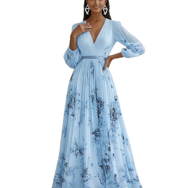 Womens Summer Dress Elegant V Neck Floral Print Waist Defined Perfect for Casual Outings or Parties Wholesale