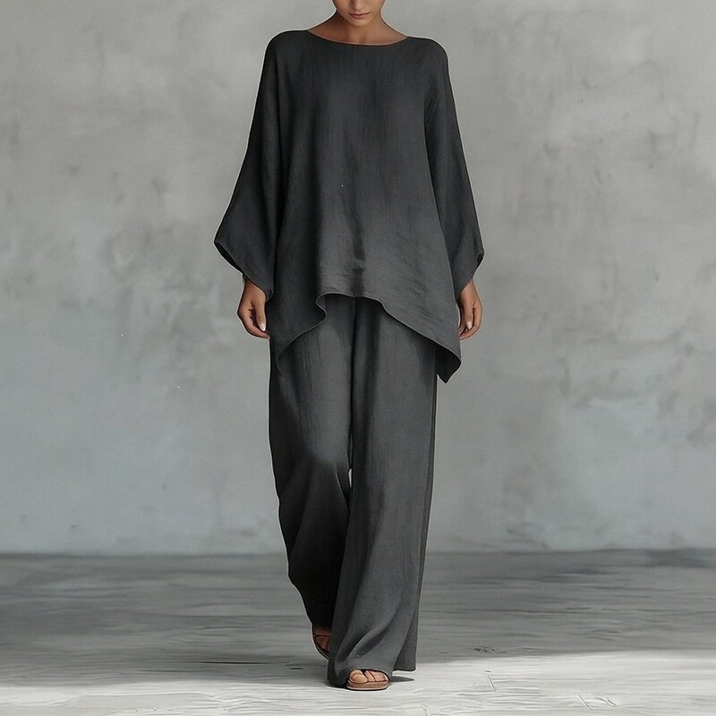 Spring Womens Fashion Set Loose Fit Solid Color Batwing Sleeve Wide Leg Pants Casual Wear Wholesale Available