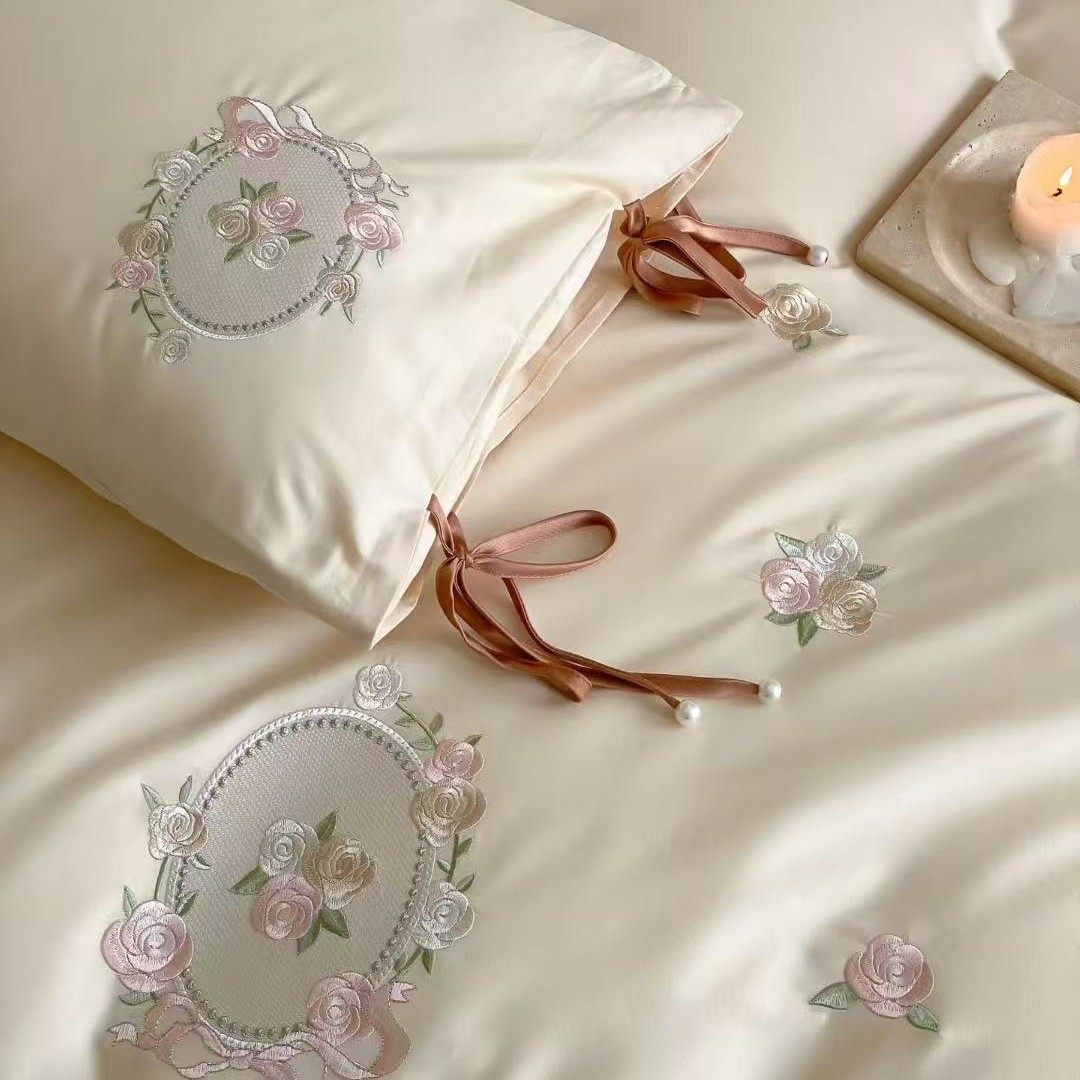 Autumn and Winter French Style 100S Long-Staple Cotton Thickened Brushed Four-Piece Set Floral Embroidery Pure Cotton Duvet Cover Bedding