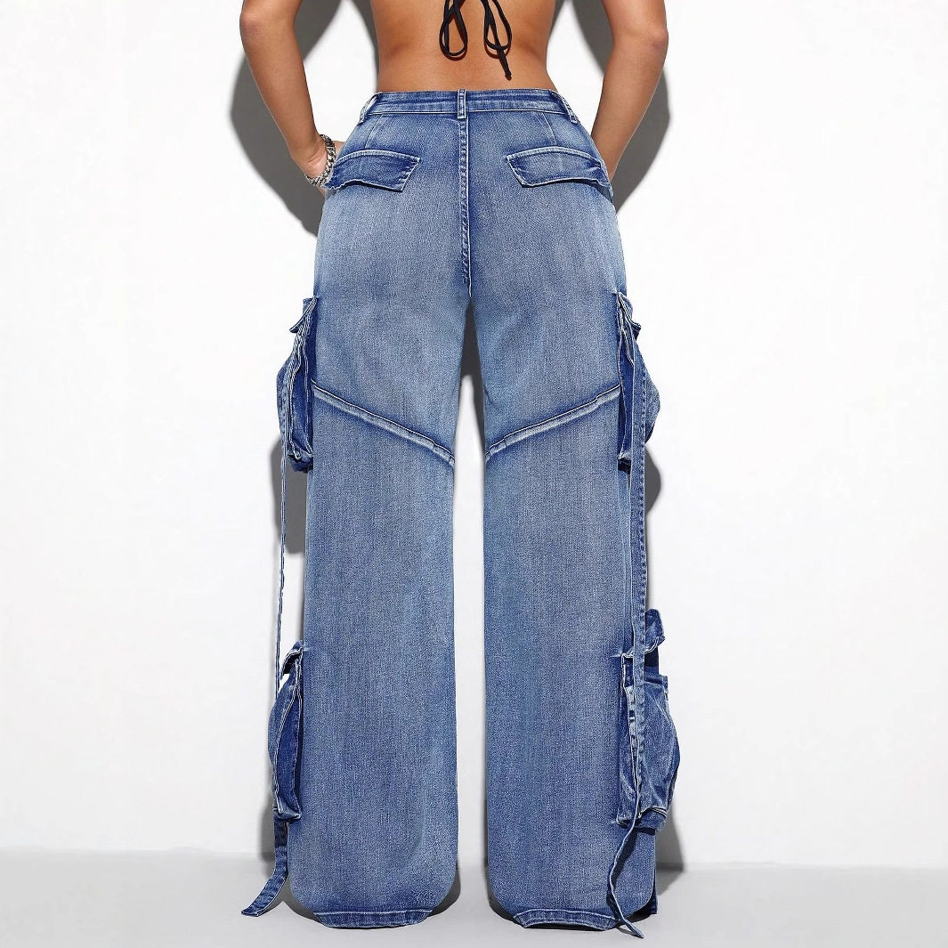 Womens Vintage Multi Pocket Stretch Casual Denim Overalls Retro Style European and American Fashion Wholesale Available