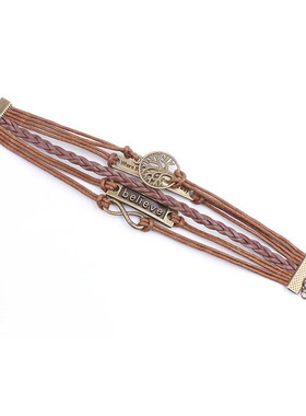 甜酷街头风古铜生命树编织皮革手环believe英文字母手链跨境货源