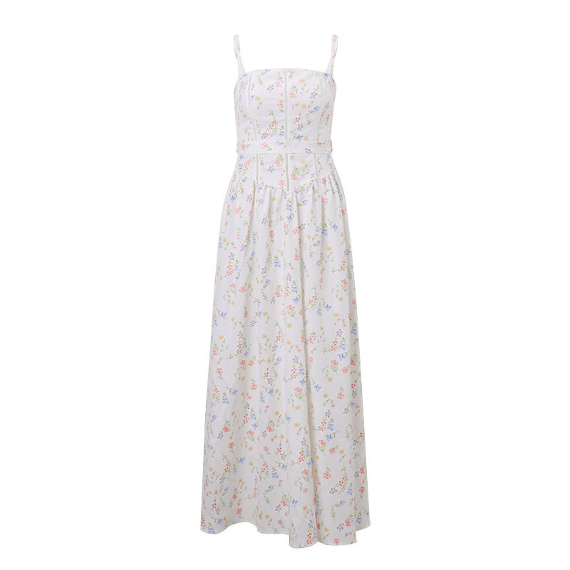 Summer Floral Print Midi Dress Slim Fit Spaghetti Straps Elegant French Style Perfect for Casual Outings Wholesale