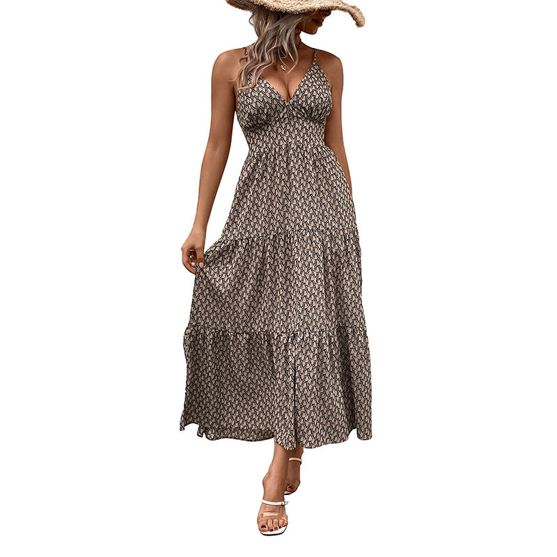 Summer Beach Vacation Dress Stylish Geometric Print Sleeveless Lightweight Fabric Perfect for Resort Wear Wholesale