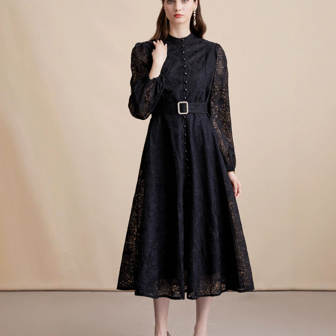 Elegant French Style Lace Embroidered Dress High Quality Fabric Tailored Fit Button Closure Flared Skirt Perfect