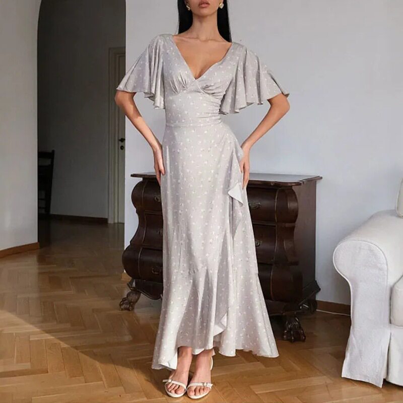 Womens Summer Dress Elegant Casual Style Plant Print Waist Defined Side Slit Perfect for Outdoor Events