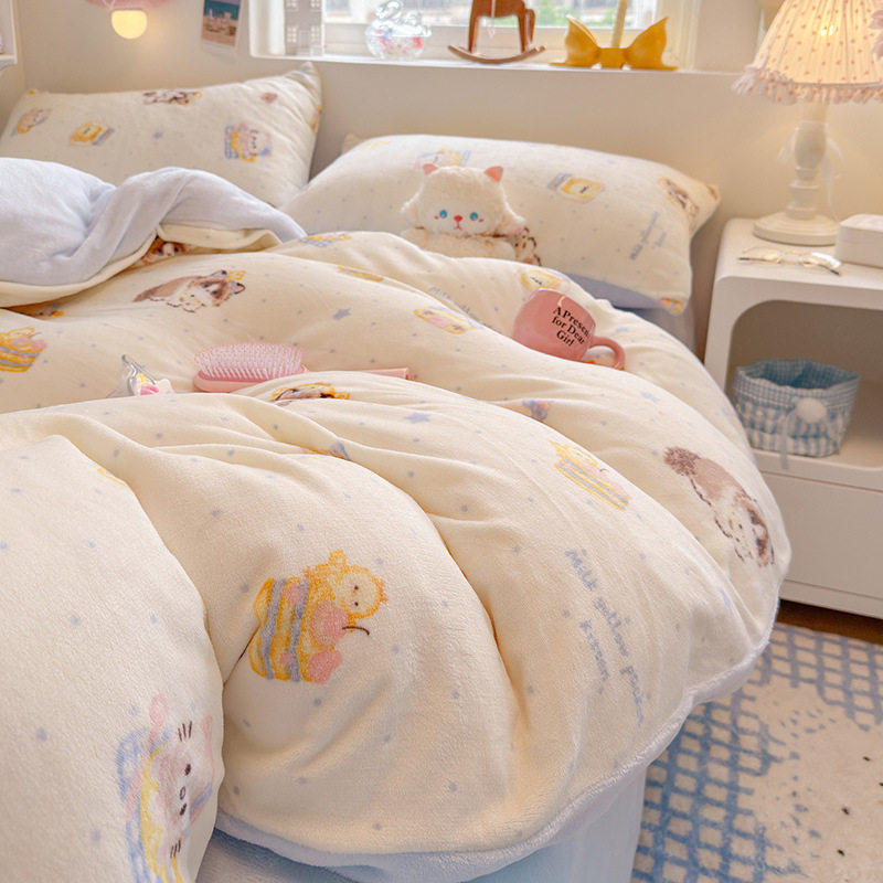 Ins Thickeneded Milk Velvet Four-Piece Winter Fleece-Lined Quilt Cover French Velvet Dormitory Three-Piece Fitted Sheet Wholesale Delivery