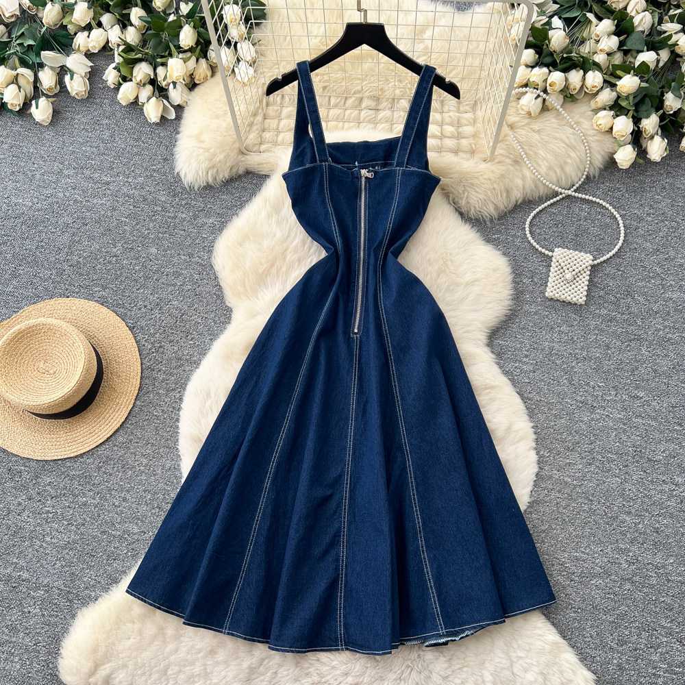 French Vintage Style Denim Square Neck A Line Dress for Women High Waist Flattering Fit Flared Hem Casual Office Wear