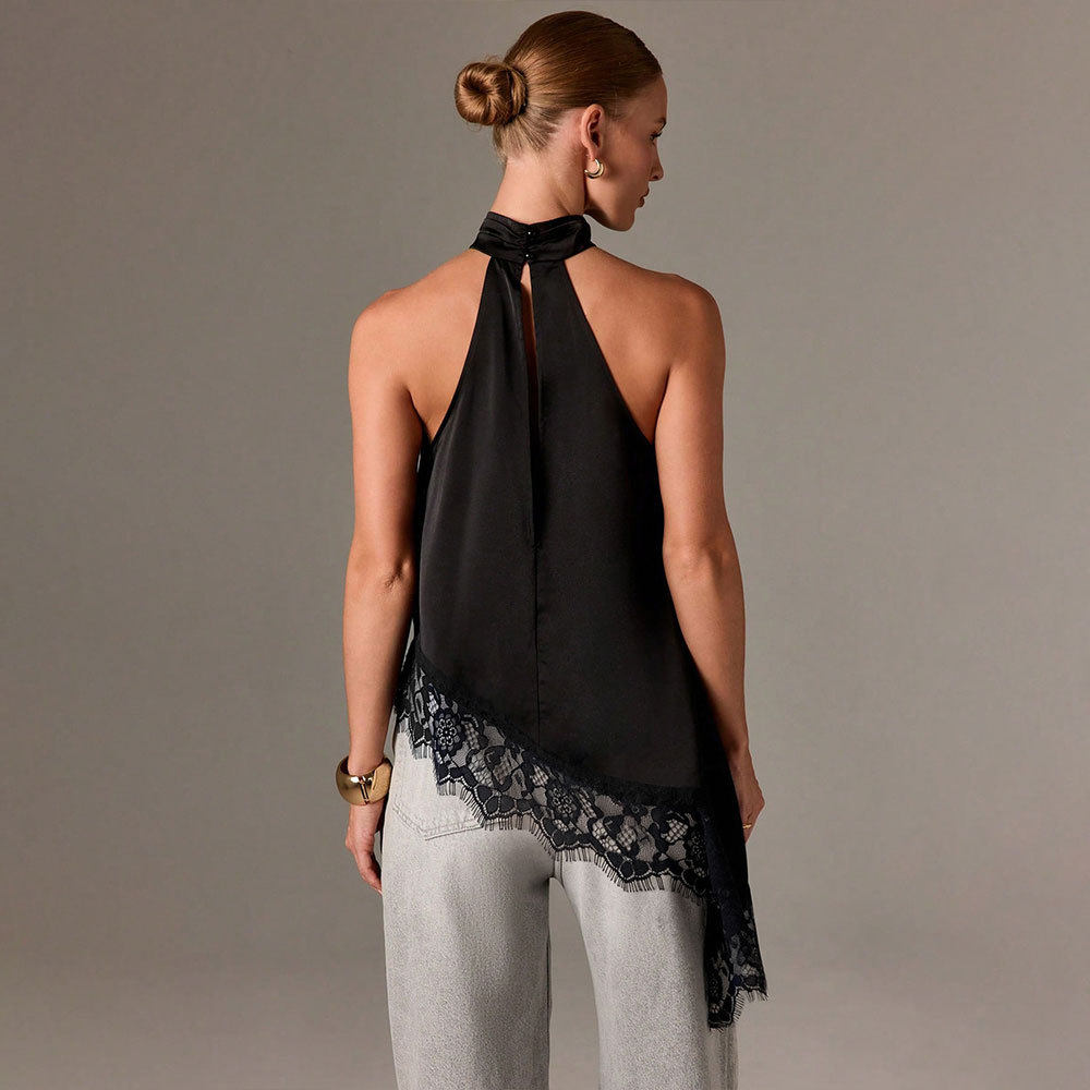 Summer Womens Satin Lace Panel Halter Neck Sleeveless Top Asymmetrical Design Small Stand Collar Elegant Style