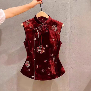 New Chinese Style New Year Red Velvet Vest for Women 2025 Autum Stand Collar Buckle Bow Embroider Elegant Top
