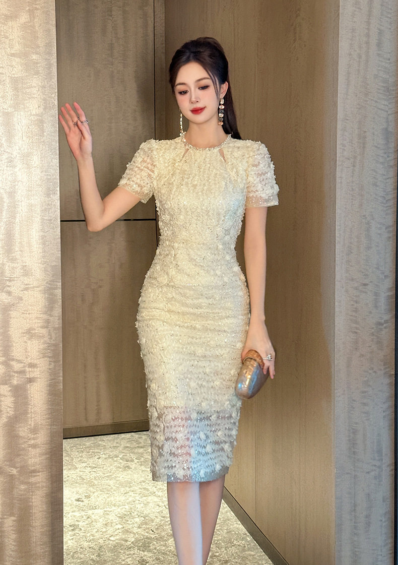 Đầm ren ôm body nữ cổ tròn tay bồng cao eo 2025 — [Trắng hồng], [Tím] chi tiết 12