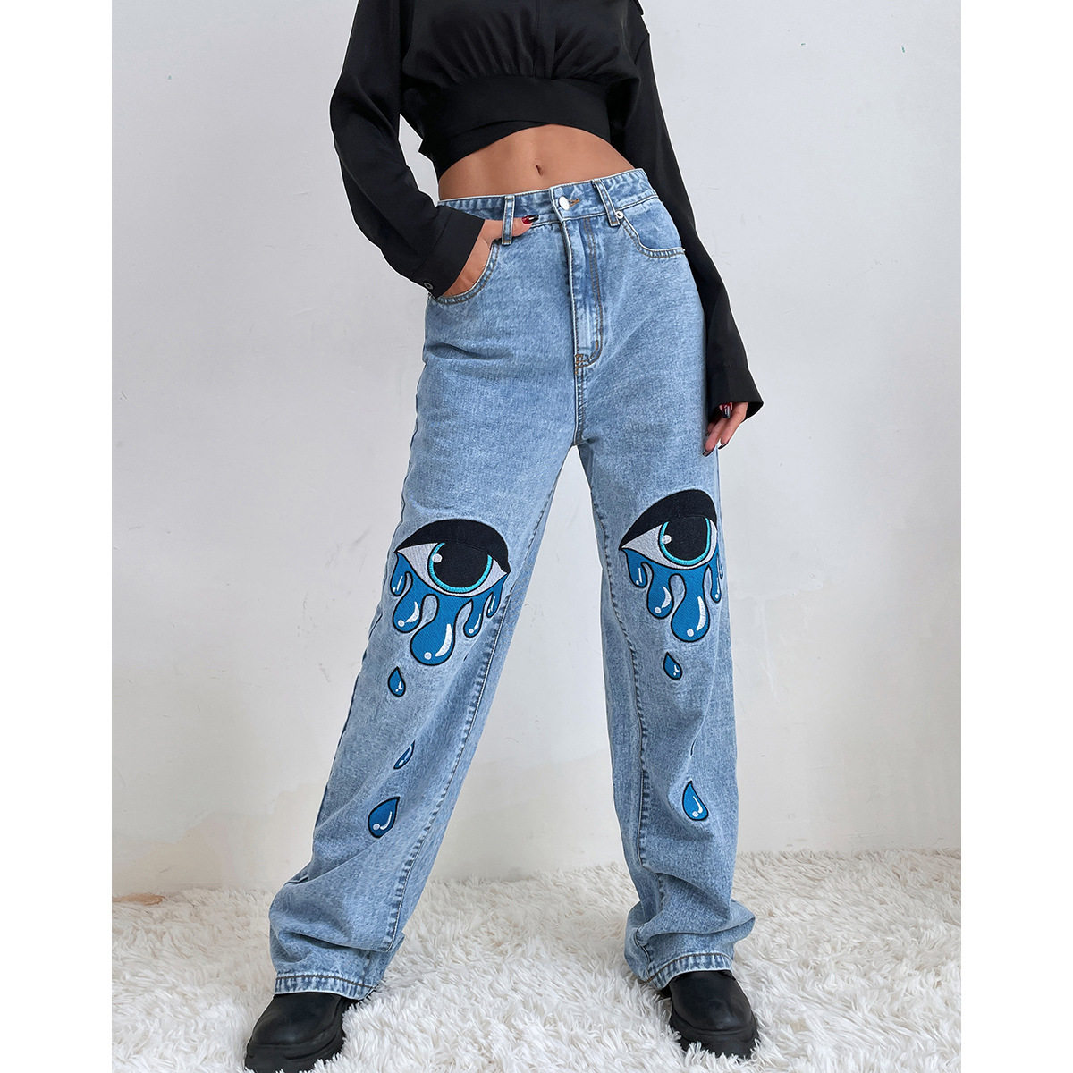 High Waisted Straight Leg Jeans Fashionable Print Trendy Style Casual Wear Wholesale Availability