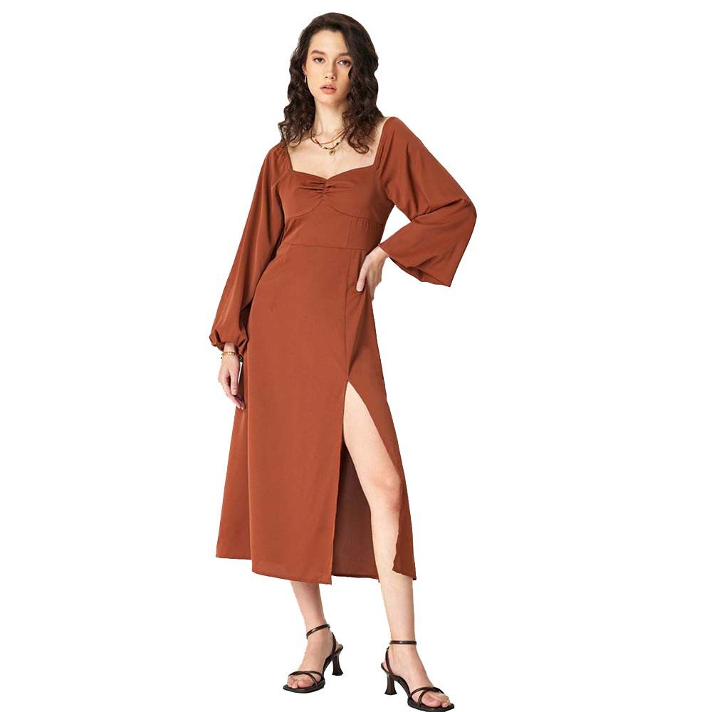 Elegant Midi Dress Square Neck Split Hem Autumn Winter French Style Perfect for Sophisticated Occasions Wholesale