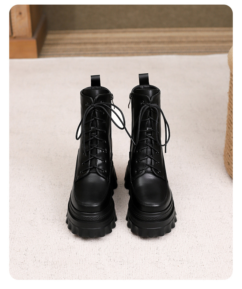 Boot Martin nữ đế dày tăng chiều cao 10cm, cổ thấp gót nêm da bò thật — Lớp lót đơn màu đen, Lớp lót đơn màu nâu sẫm, Lớp lót nhung đen, Lớp lót nhung màu nâu sẫm