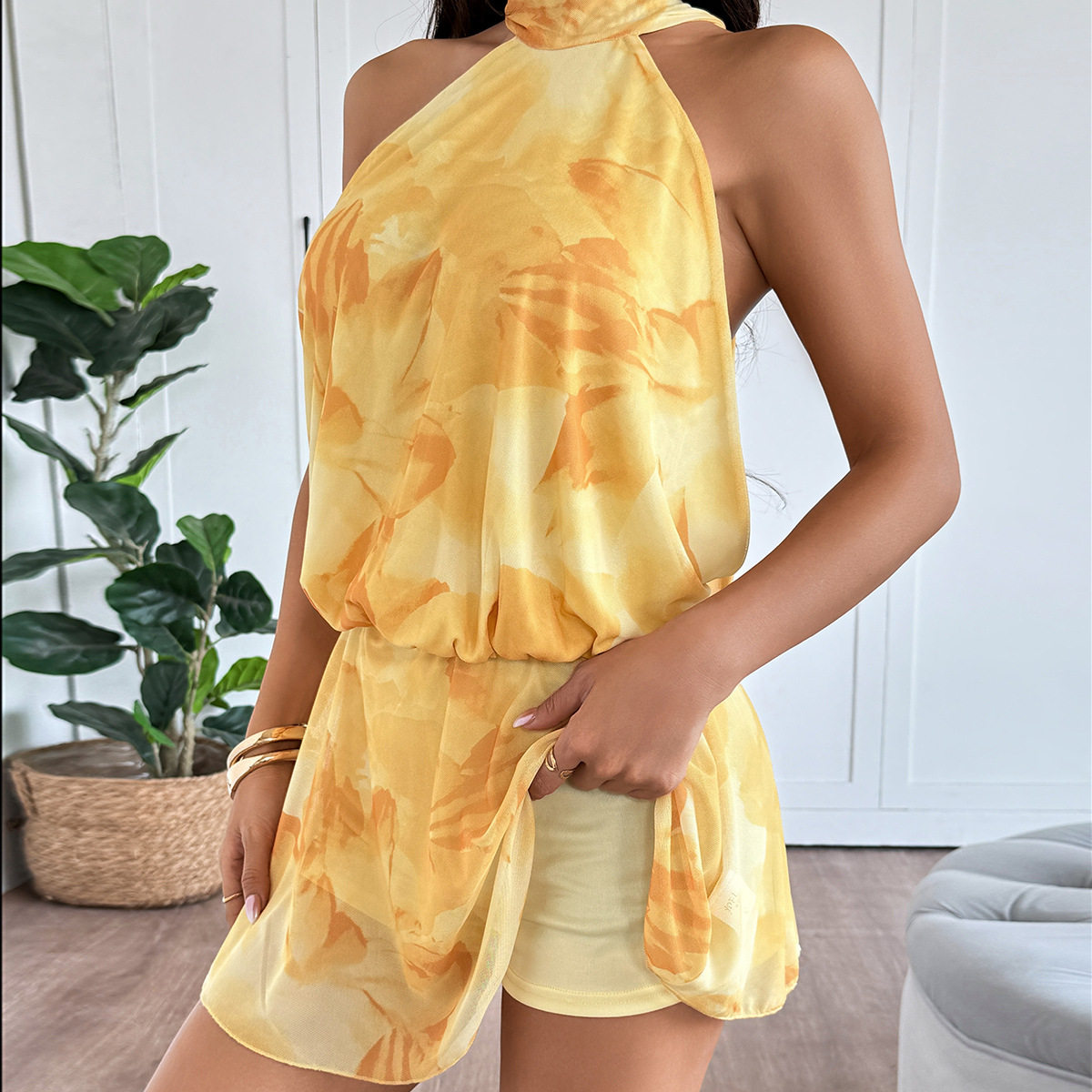 Womens Fashion Tie Neck Halter Mini Dress Yellow Floral Print Summer Vacation Style Wholesale Available
