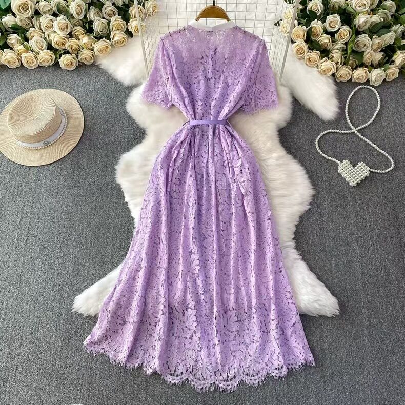 Elegant French Style Womens Dress Summer Collection Slim Fit Single Breasted Lace Detailing Long Length