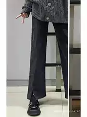 Pear-shaped figure split jeans women's early autumn chubby girl hip-covering micro-flared pants plus size high-waist slim straight pants