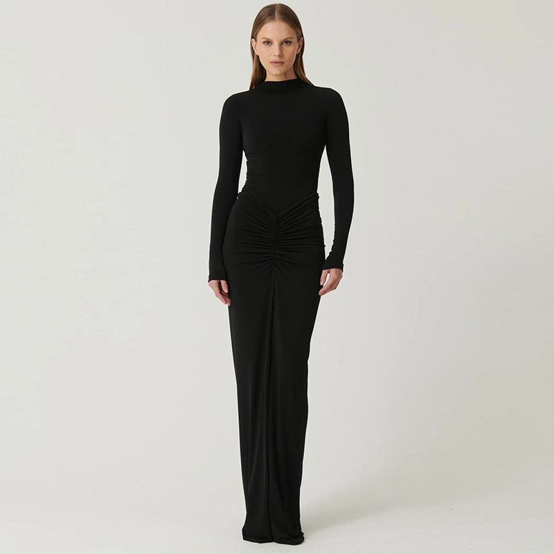 Elegant Solid Color Long Dress Slimming Fit Ruffled Design Perfect for Fall Winter Wholesale Available
