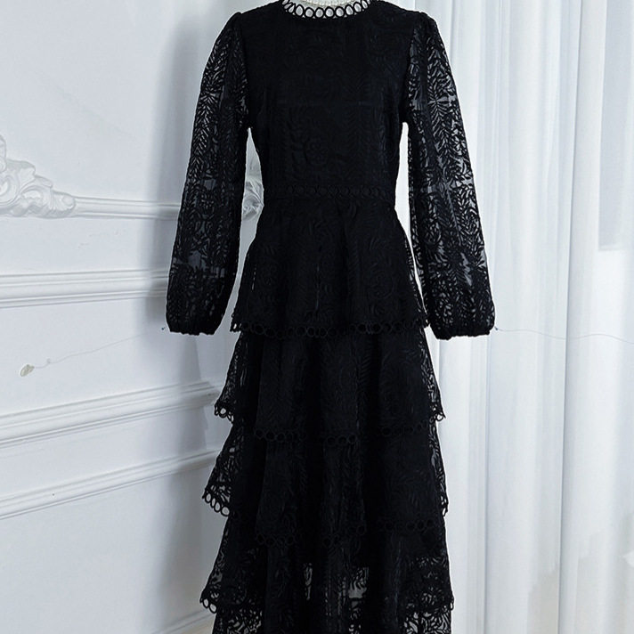 Elegant French Style Long Dress for Women High End Embroidery Ruffled Hem Waist Defined Perfect for Autumn Events