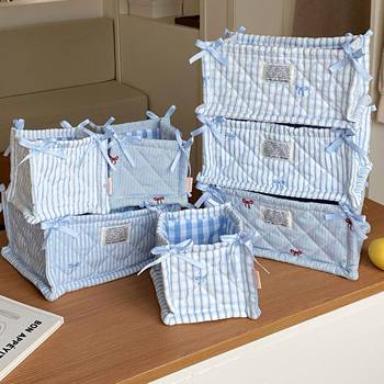 Original Blue Stripesd Quilted Storage Basket Desktop Goodies Storage Basket Storage Box Cosmetics Snacks Sundries Organizer Bag