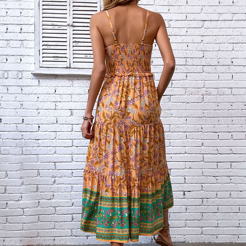 Bohemian Floral Print Ruffle Hem Maxi Dress Summer Style Lightweight Fabric Elegant Draping Wholesale Available