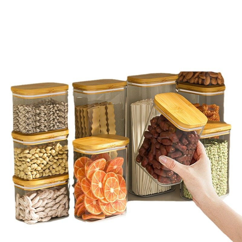 Square sealed jar plastic food jar bamboo cover kitchen grains jar storage box transparent tea storage jar