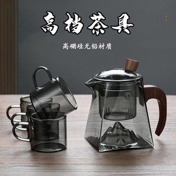 Square Mountain-View Teapot Made of High Borosilicate Glass, Suitable for Electric Ceramic Stoves, Tea Brewing Pot for Office Use, Wooden Handle, Mountain-View Design, Heat-Resistant