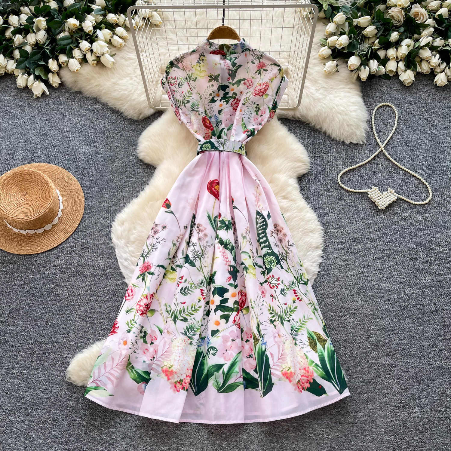 French Vacation Style Floral Print Sleeveless Maxi Dress Lightweight Waist Defining Flattering Fit Summer Elegance