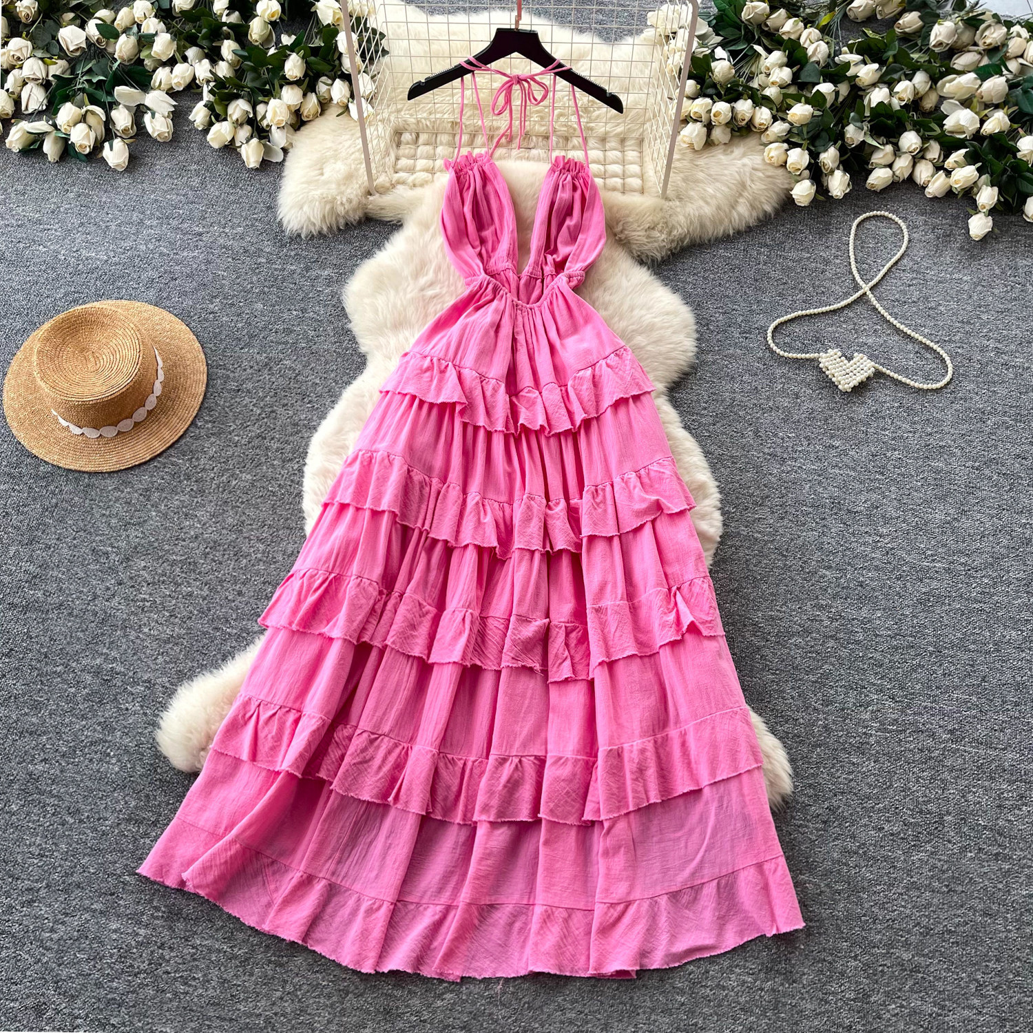 Summer Womens Maxi Dress Elegant Deep V Neck Halter Neck Waist Tie Cake Style Perfect for Parties and Special