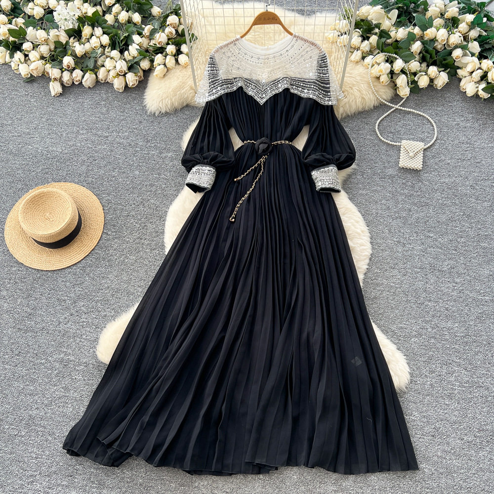 French Style Embroidered Beaded Sequin Mesh Lantern Sleeve Tie Waist Pleated Maxi Dress for Women Elegant Evening Wear