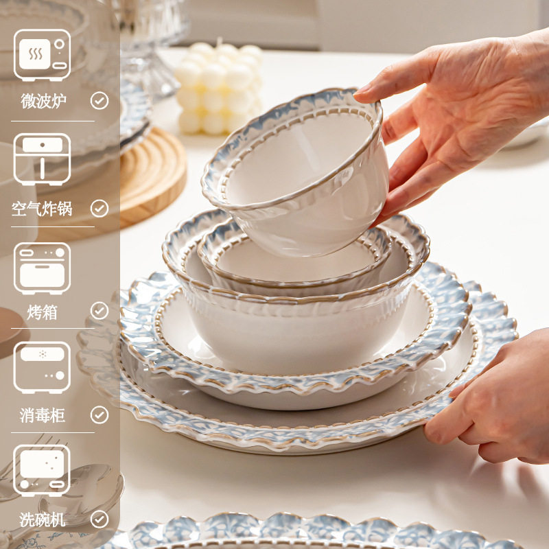 Underglaze Color Bowl Household Ceramic Tableware Set Bowl and Plate Combination Lanyan Dish Set Household Dish Plate Rice Bowl Wholesale