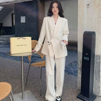 Designed Strap Blazer and Wide-Leg Pants Two-Piece Set for Women, New Spring and Autumn Loose Casual Suit, Trendy Commuter Style
