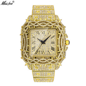 Missfox Watch European and American Hip-Hop Ice Watch Thorn Dial Inlaid with Zircon Square Full Diamond Men's Quartz Watch