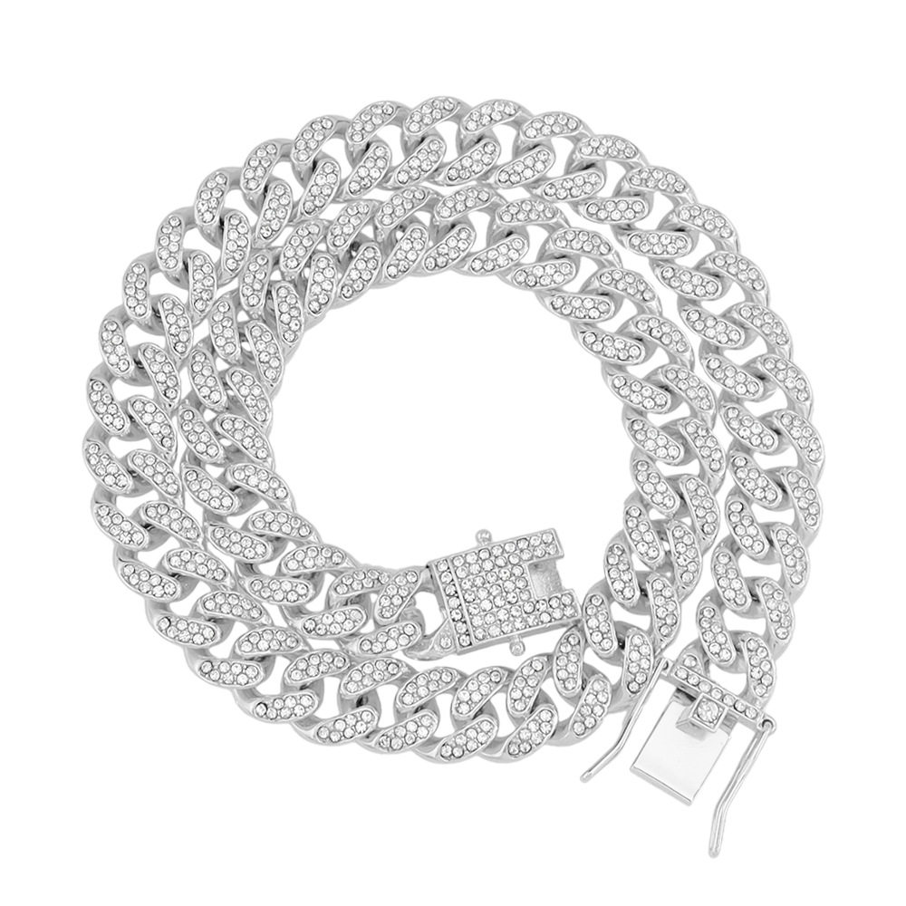 European and American hip hop style full diamond encryption Cuban chain clavicle chain necklace hipster cool flash personality butterfly buckle necklace accessories