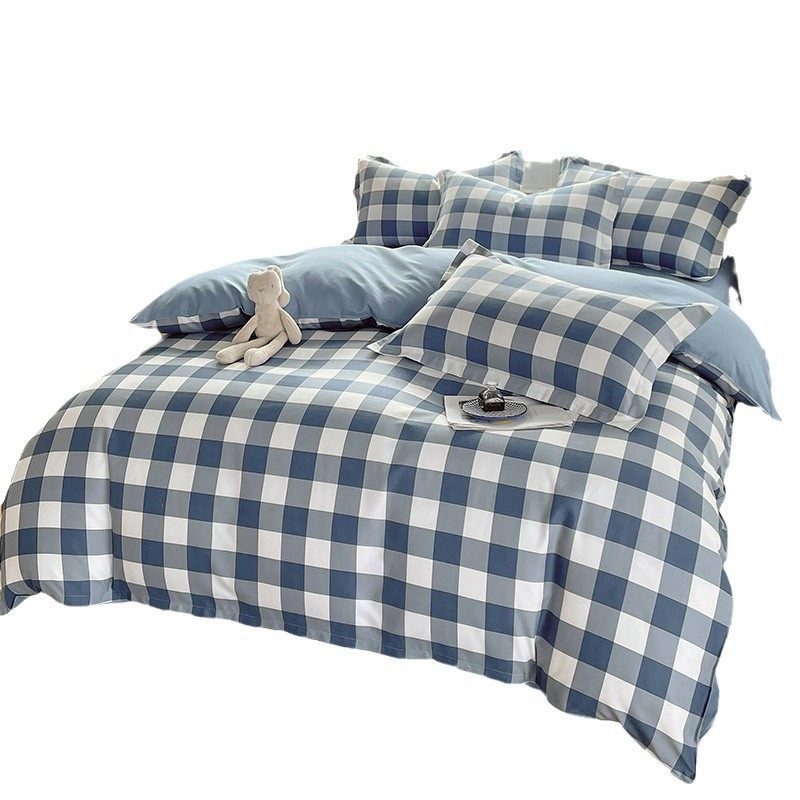 New Thickened Sanding Four-piece Solid Color Plaid Autumn and Winter Japanese Washed Cotton Student Dormitory Bed Sheet Three-piece Set
