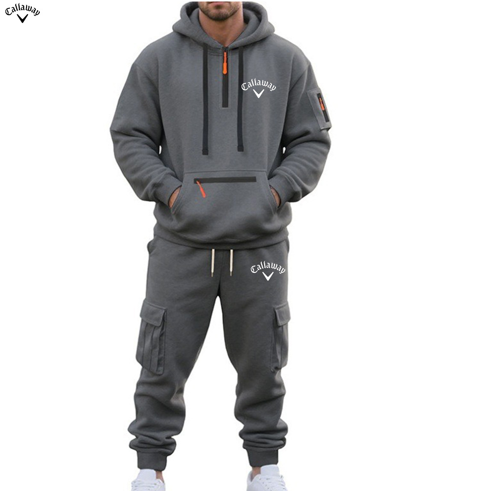 2025跨境男装亚马逊冬季加绒男士休闲套装宽松运动多口袋工装套装