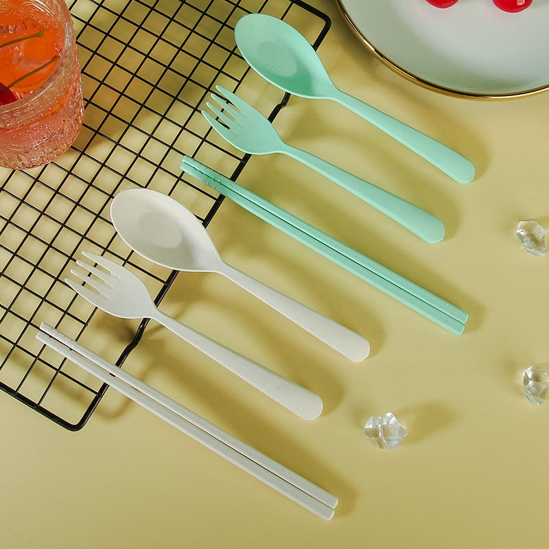 Student Outdoor Portable Three-Piece Wheat Tableware Children's Tableware Fork Spoon Chopsticks Portable Tableware Set Gift