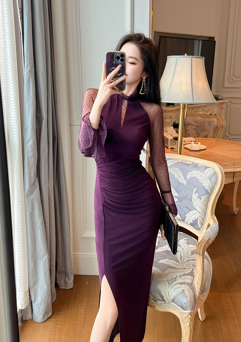 Đầm ôm body nữ tay dài cổ đứng xẻ tà phong cách Pháp — Màu tím mâm xôi