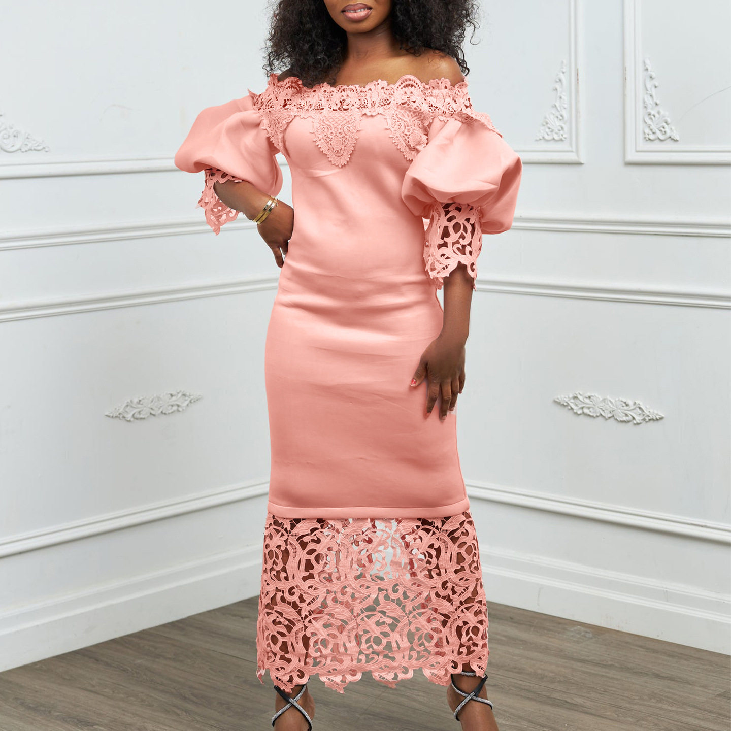 Off Shoulder Lace Trimmed Evening Dress Lantern Sleeves Elegant Design Perfect for Parties Wholesale Availability