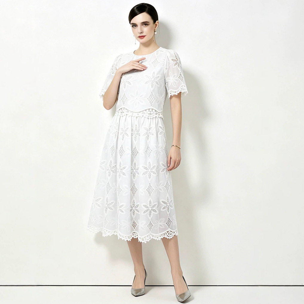 French Style Lace Hollow Short Sleeve Top with High Waist Slimming Skirt Set Elegant Soft Chic Perfect for Spring