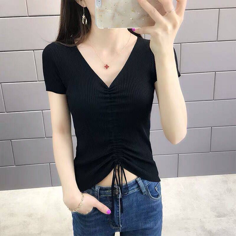 Womens V Neck Knitted T Shirt Short Sleeve Slim Fit Solid Color Summer Casual Wear