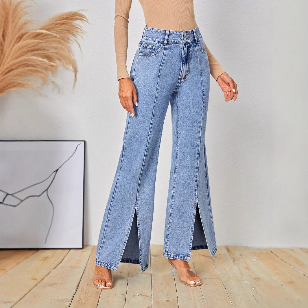 Womens Slim Fit High Slit Denim Pants Stylish Design Trendy Look Comfortable Fabric Perfect for Casual Outings