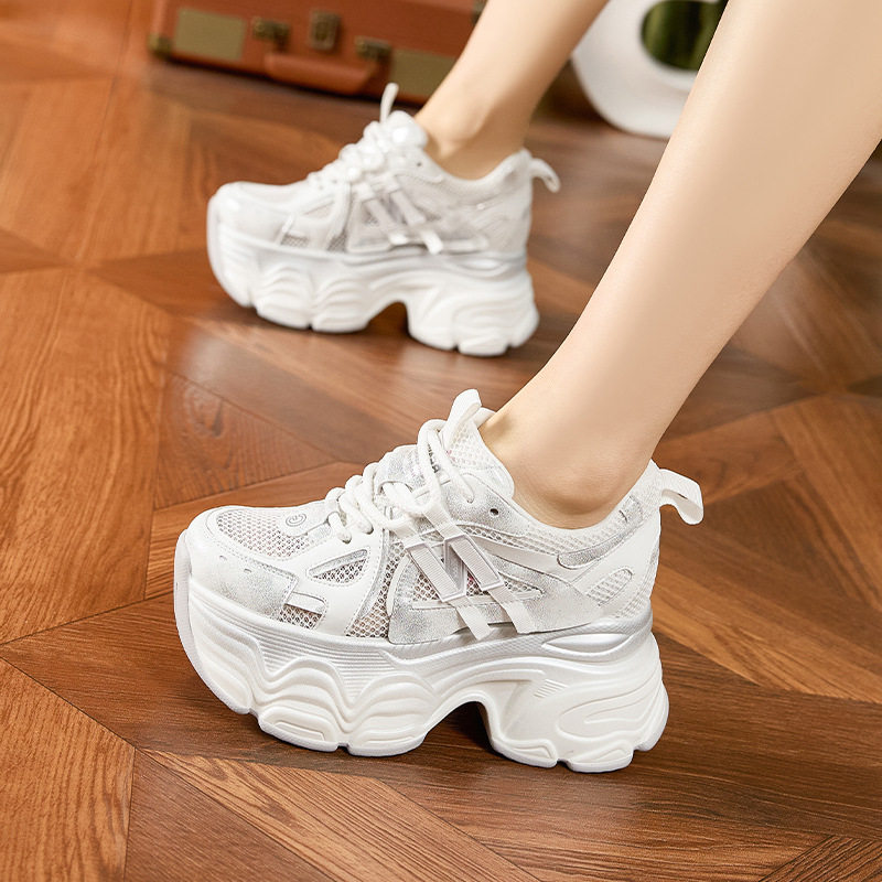 Giày sneaker nữ chunky đế dày lưới thoáng khí mùa hè — Trắng, Xám