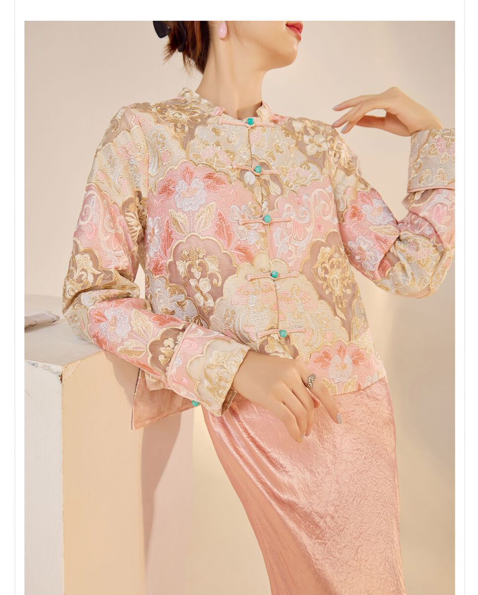 Áo khoác vest nữ dài tay thêu hoa văn cây hoa chất liệu tơ tằm — Áo khoác màu hồng mơ (giao hàng trong 7 ngày), Áo khoác màu hồng mơ (giao hàng trong ngày)