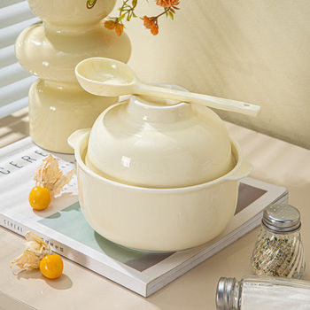 Cream ceramic instant noodle bowl with lid large noodle bowl creative student dormitory lunch box cute household ceramic bowl spoon